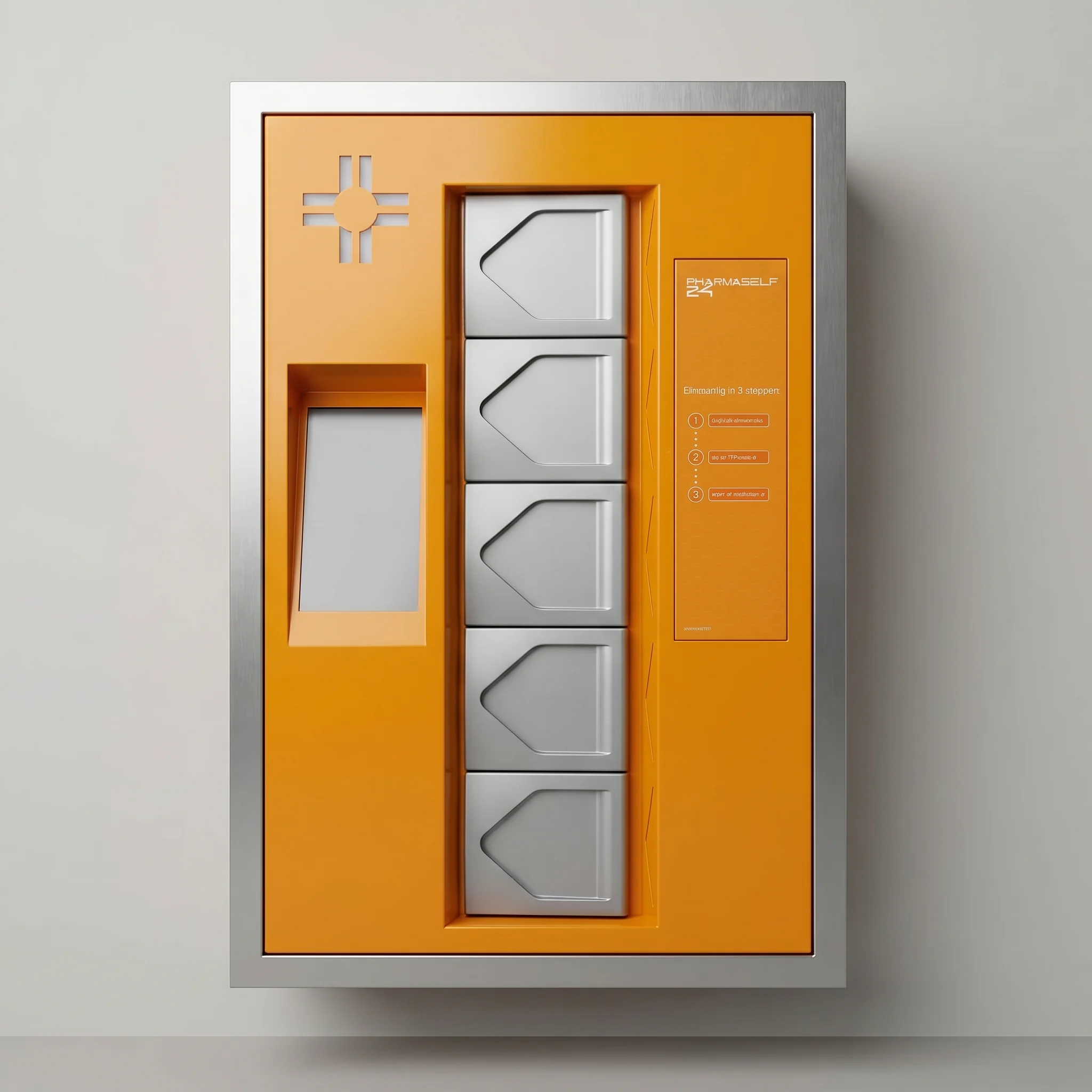 PharmaSelf24™ Compact — orange wall-mount unit with 5 dispensing compartments