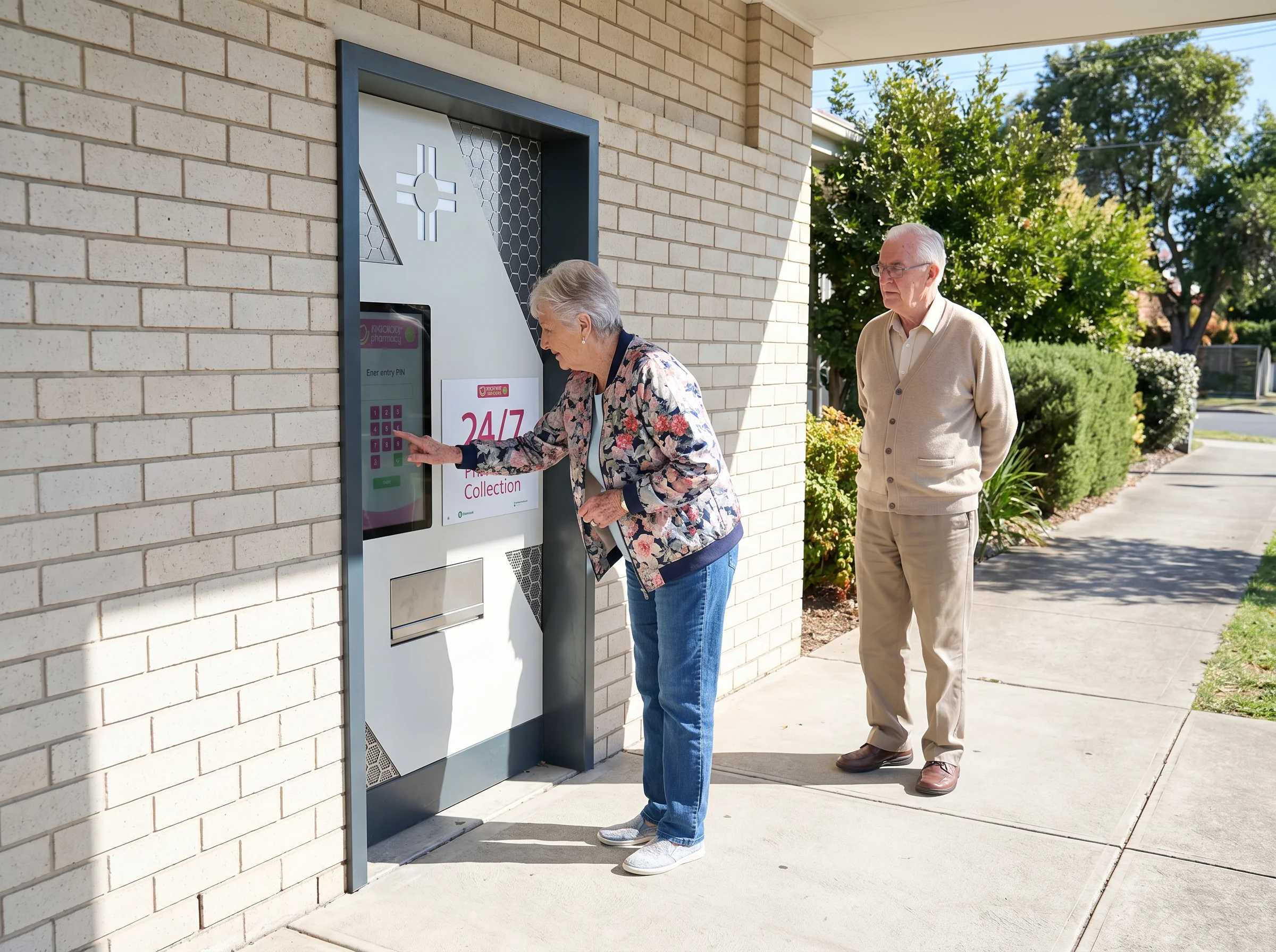 Elderly couple collecting prescription from PharmaSelf24™ unit using PIN
