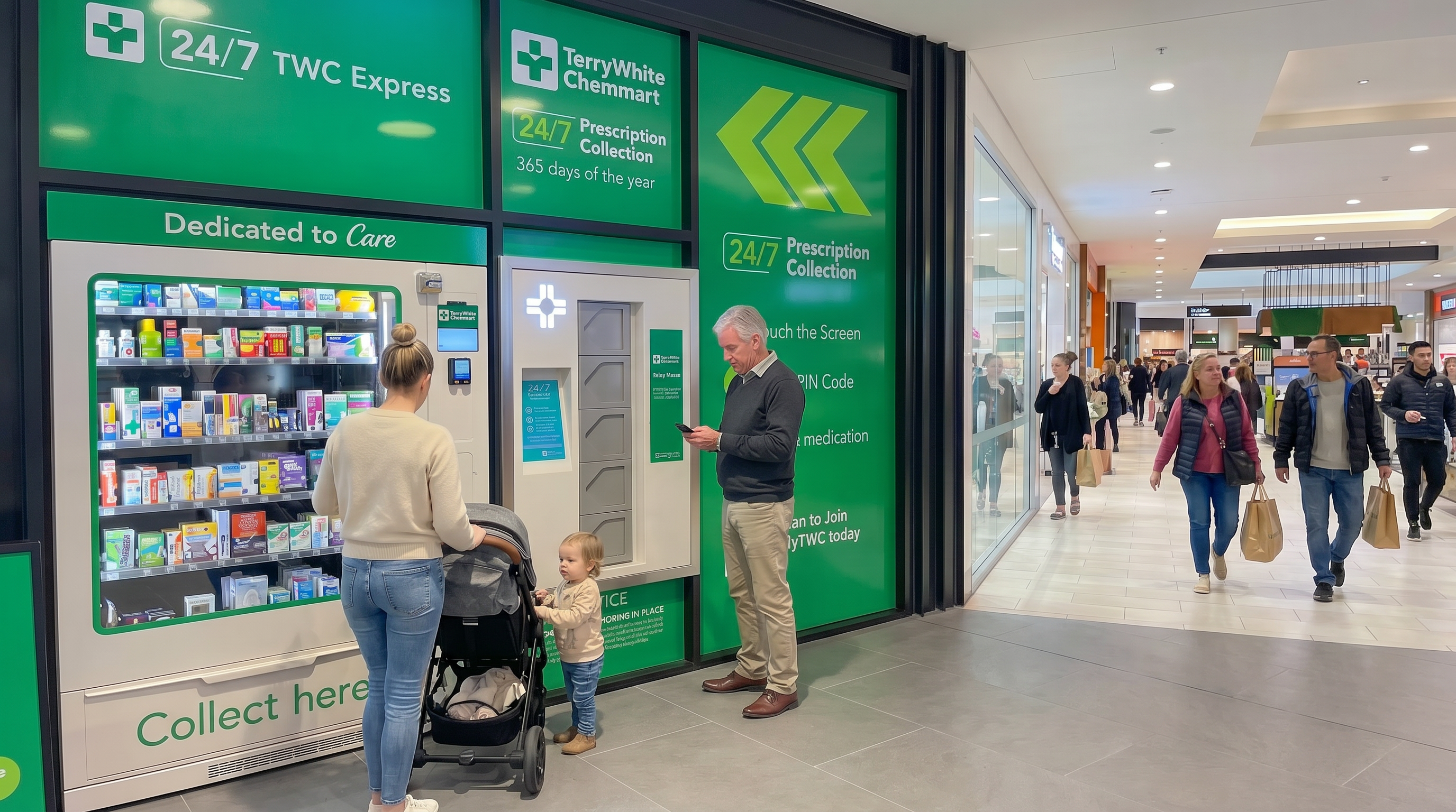 Young mother with toddler and pram using MedyBOX™, older man at PharmaSelf24™, real TerryWhite Chemmart store fitout, busy shopping centre